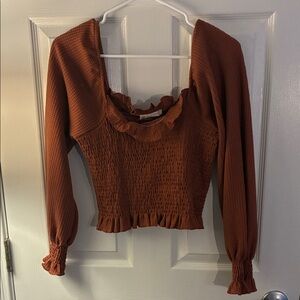 NWT Altar’d State Brown Smocked Long Sleeve Top Cropped